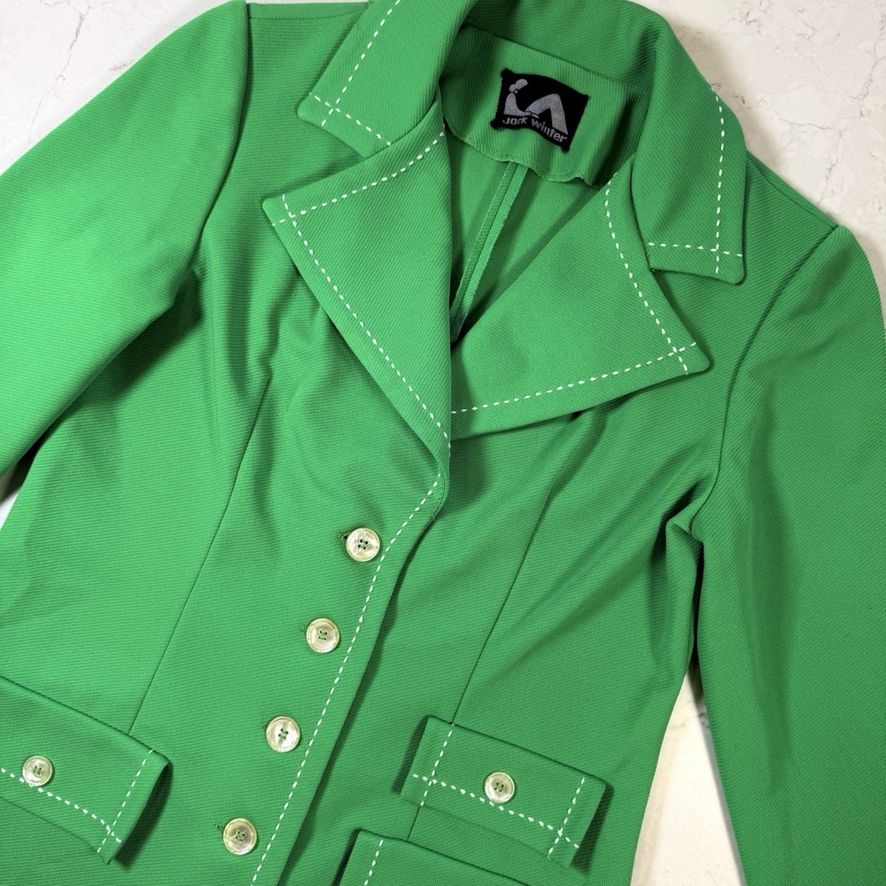 Jack Winter Vtg 70s Green Blazer Jacket Women Retro Top Stitch Trim Polyester 14